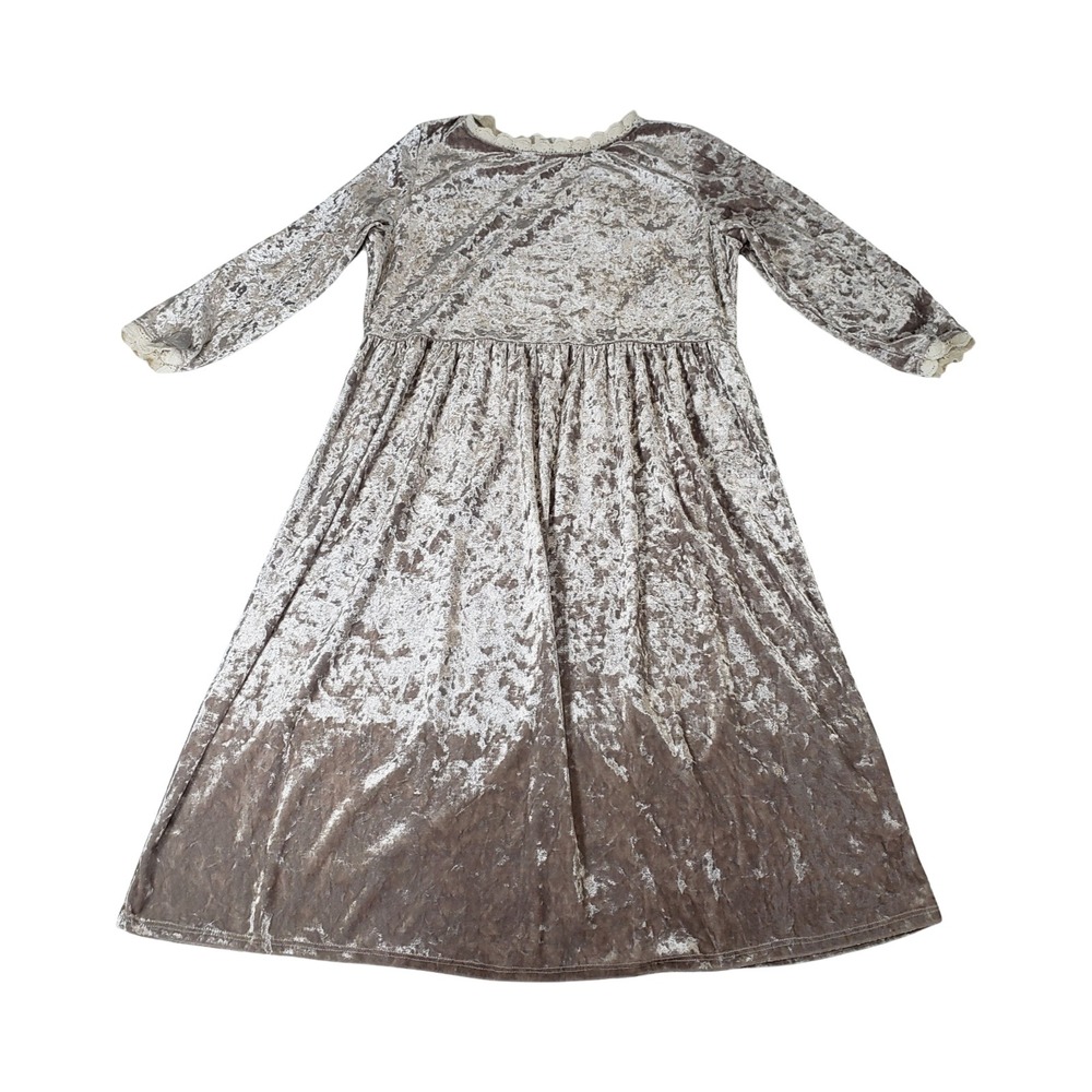 Flamingo Urban Taupe Crushed Velvet Lace Trim Babydoll Midi Dress Long Sleeve